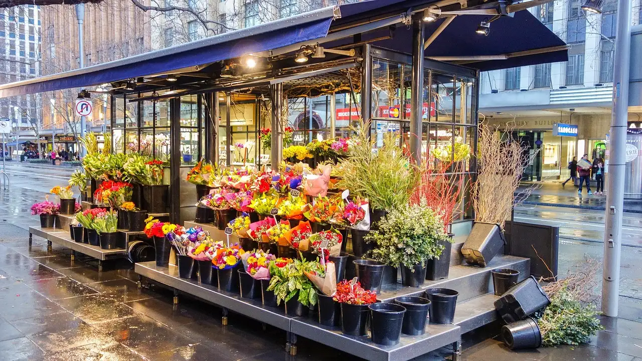 A street flower stand full of colourful bouquets