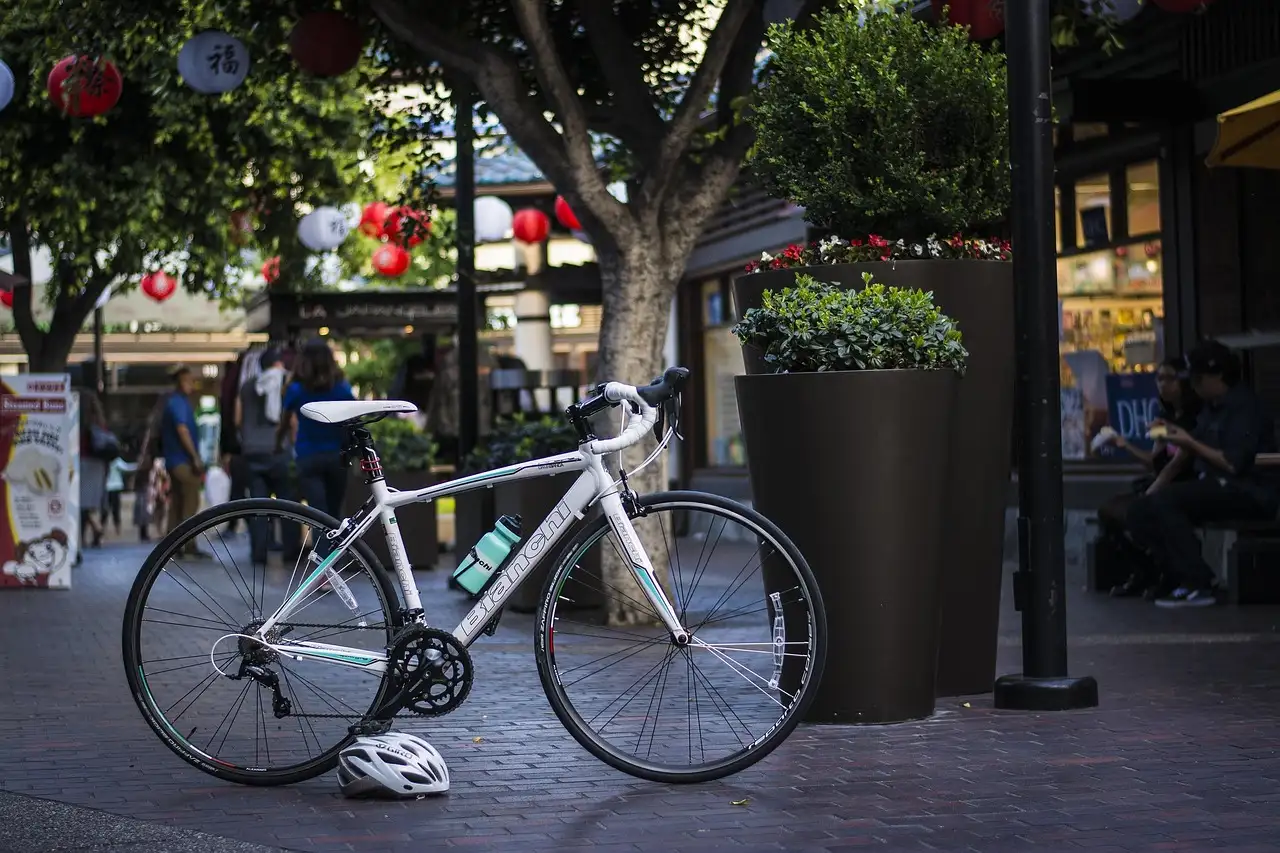 A road bike and helmet on a plaza in Little Tokyo, Los Angeles