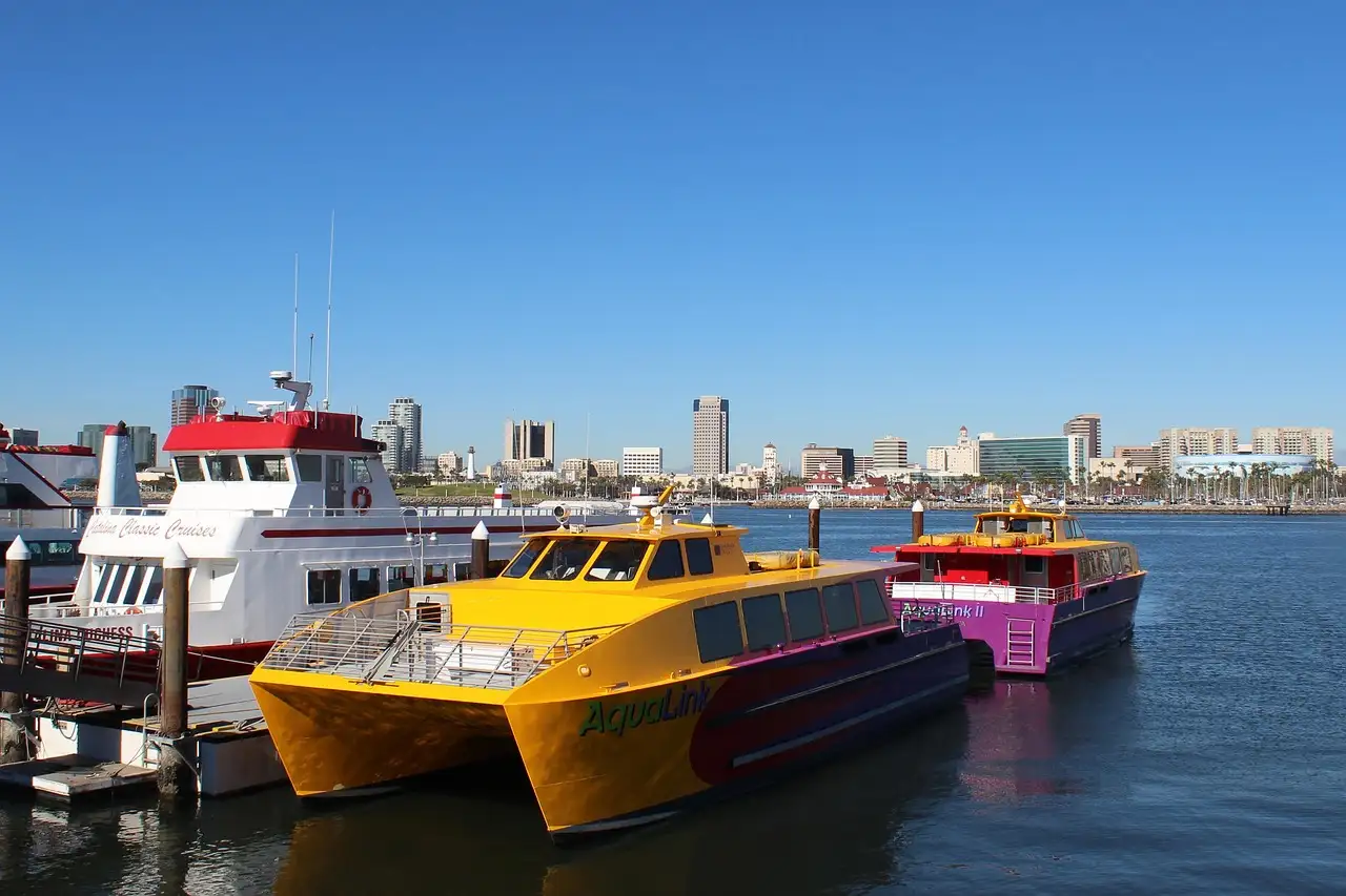 Tour boats moored in Long Beach harbor with the city skyline behind