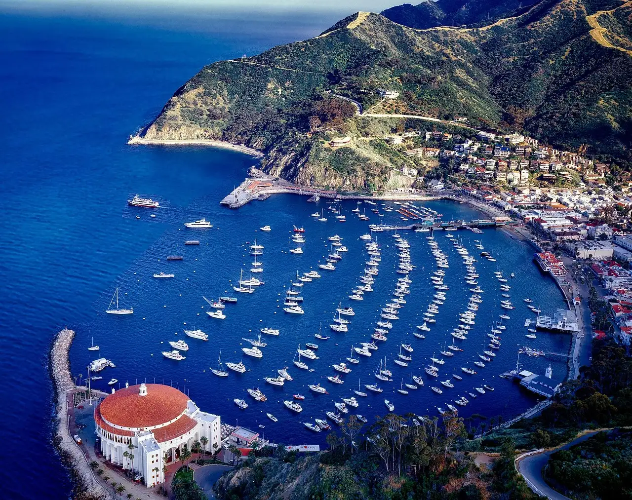 Aerial view of Avalon bay on Catalina Island, packed with moored boats, with the round Casino building on the point