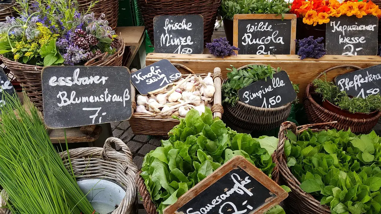 Baskets of herbs and salad on a market stall with chalkboard price signs