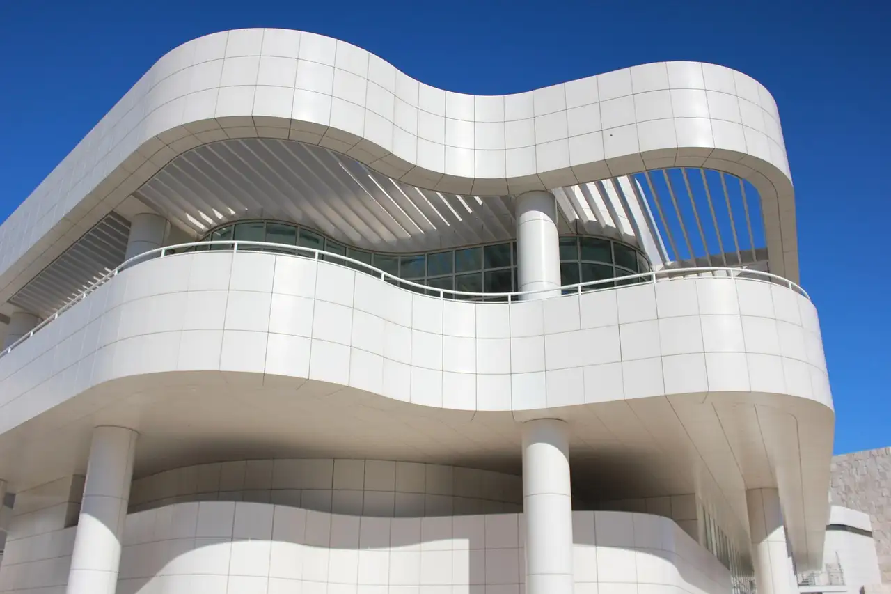 The curved white balconies of a Getty Center building