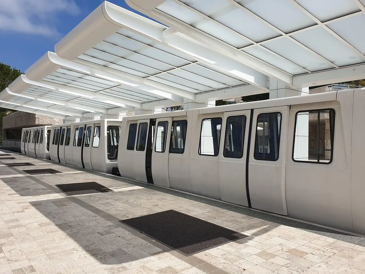 The white tram that carries visitors up the hill to the Getty Center
