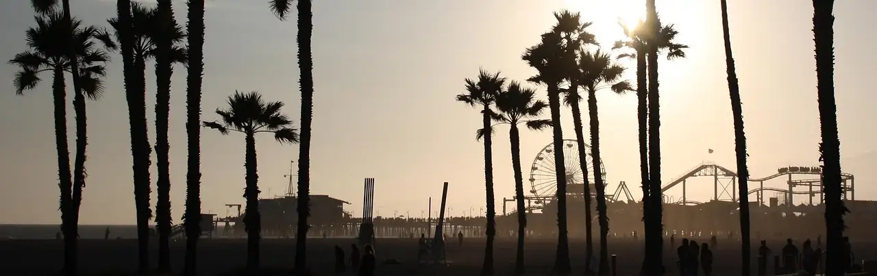 Palm trees and the Santa Monica Pier in silhouette against an orange sky