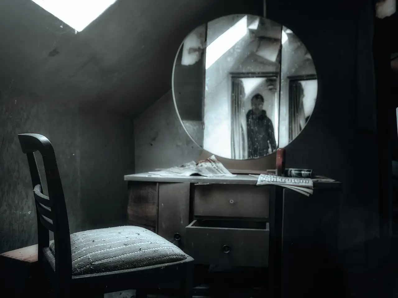 A dark room with an old chair and a round mirror on a dressing table