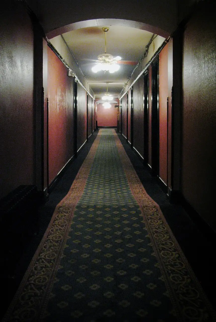 A long, dim hotel corridor with a patterned carpet and a lamp at the end