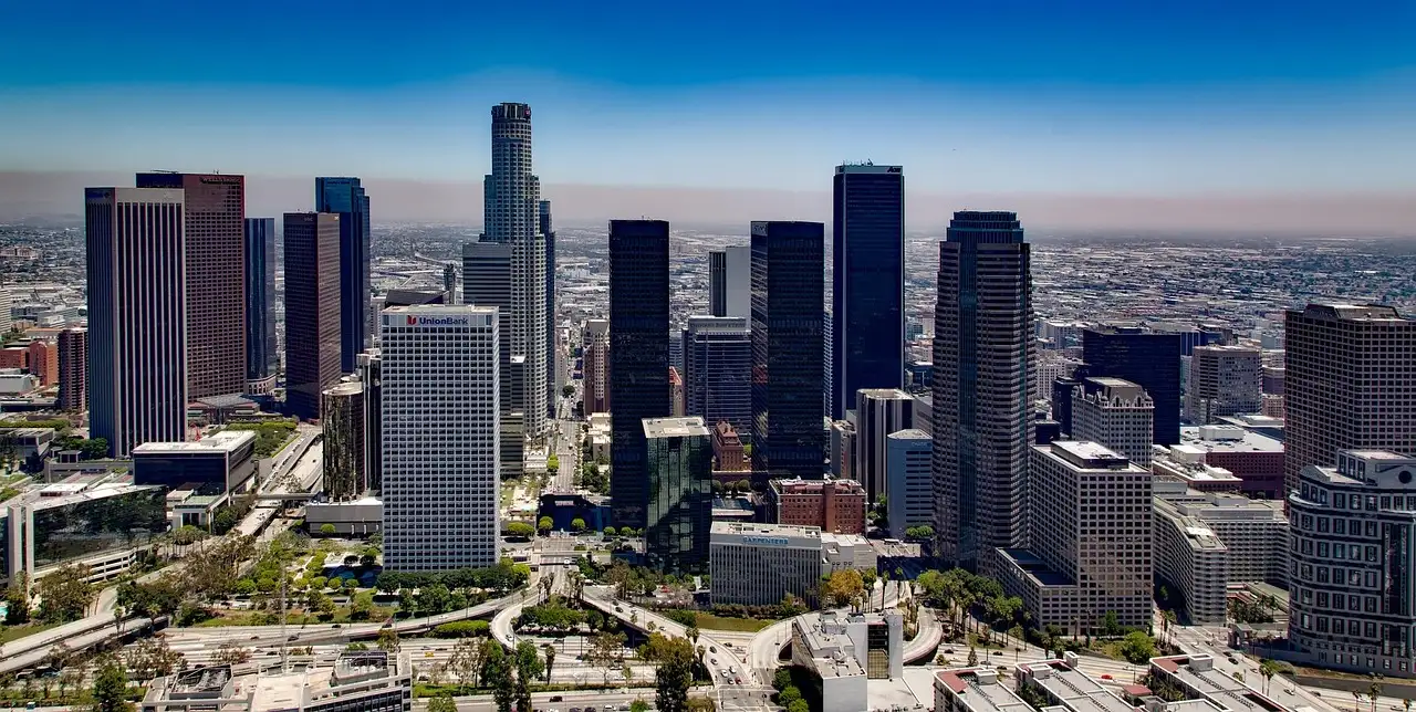 Downtown Los Angeles skyscrapers seen from above on a clear day