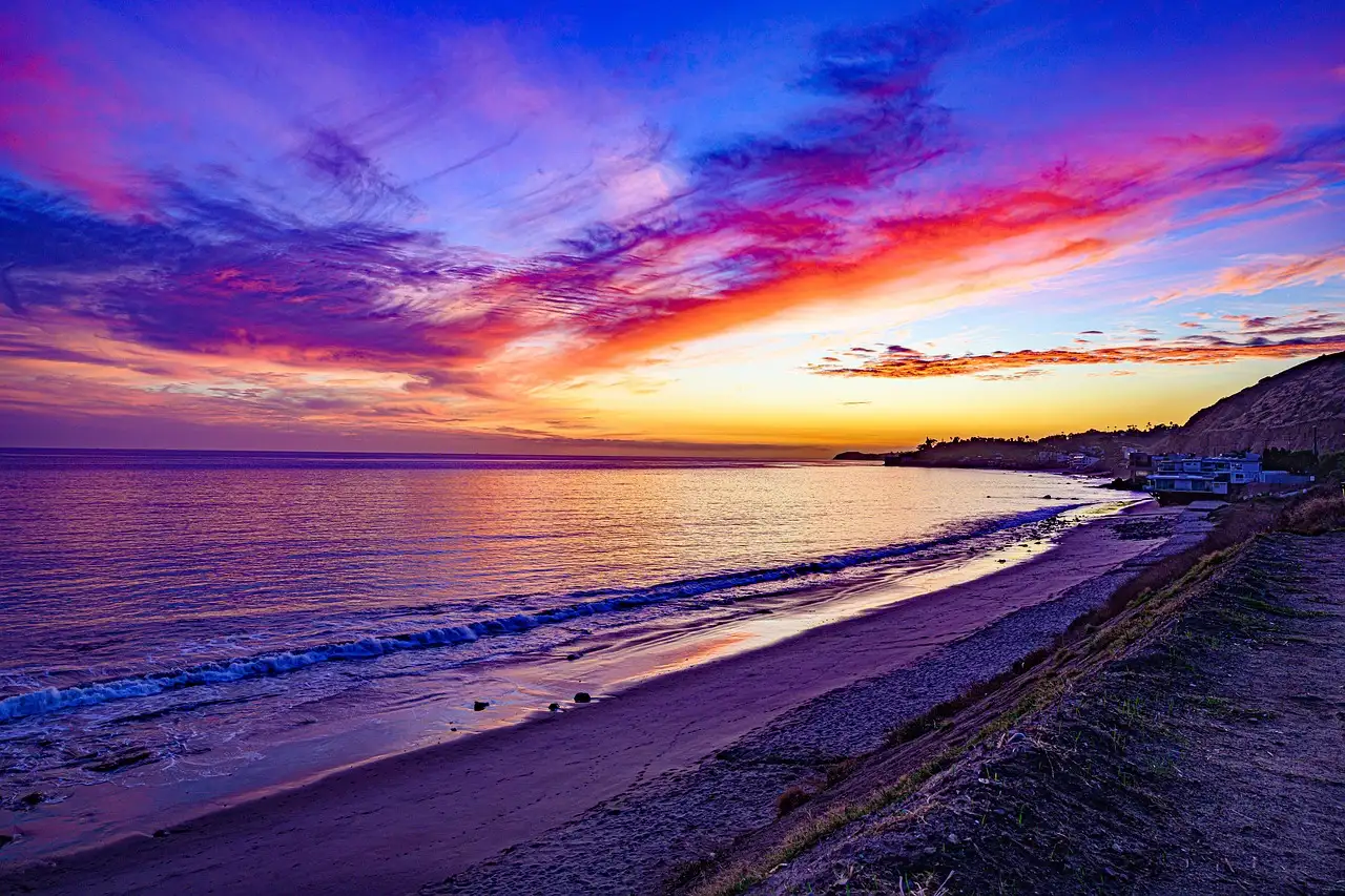 A purple and orange sunset over the Pacific and the Malibu shore