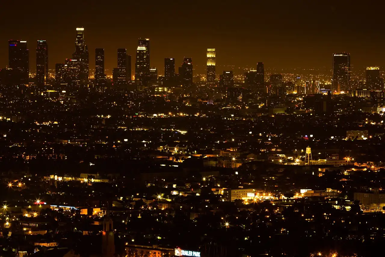 The towers of Downtown Los Angeles lit up at night
