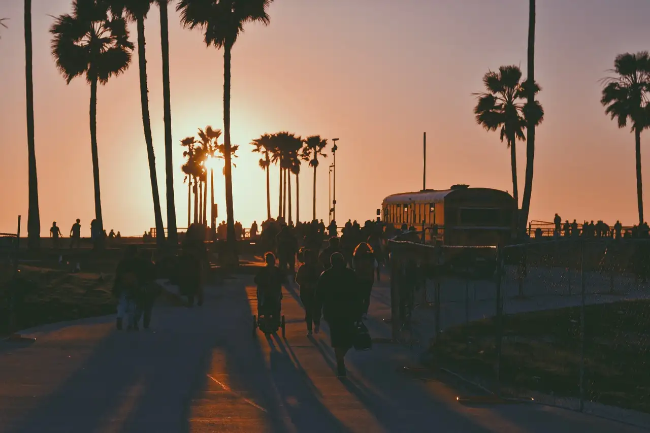 Silhouettes of palm trees and people on the Venice Beach boardwalk at sunset