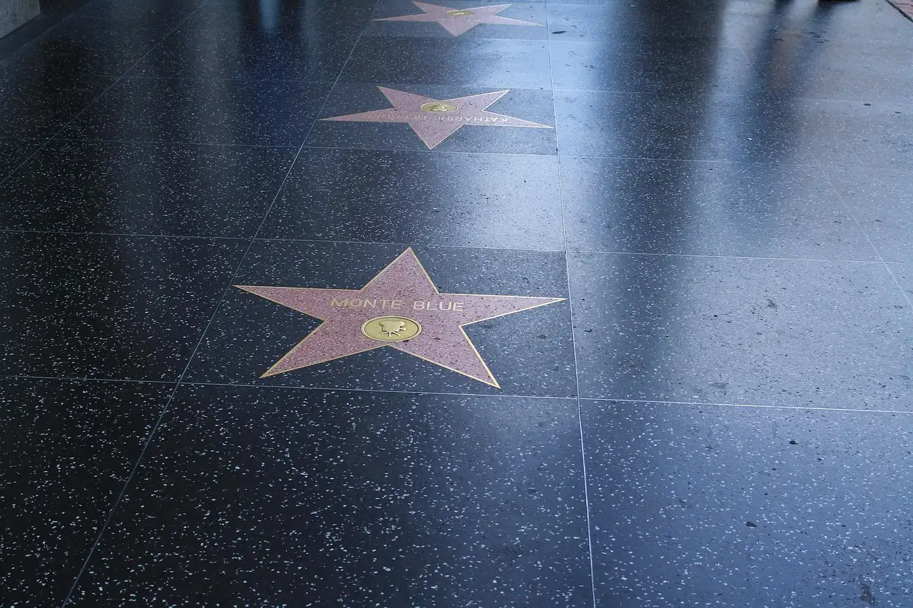 Pink stars set into the dark sidewalk of the Hollywood Walk of Fame