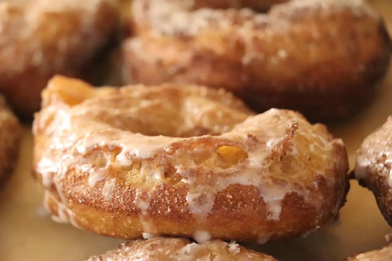 Glazed old-fashioned donuts close up