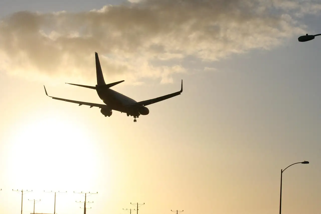 Plane coming in to land at LAX over street lights at sunset